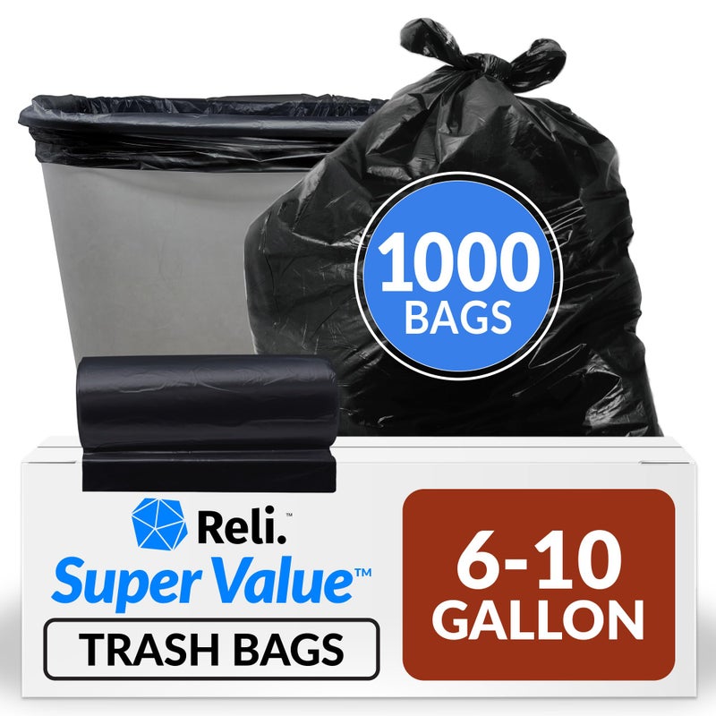 Reli. 6-10 Gallon Trash Bags | 1000 Bags | Black | Bathroom | Strong | Garbage - Image 1